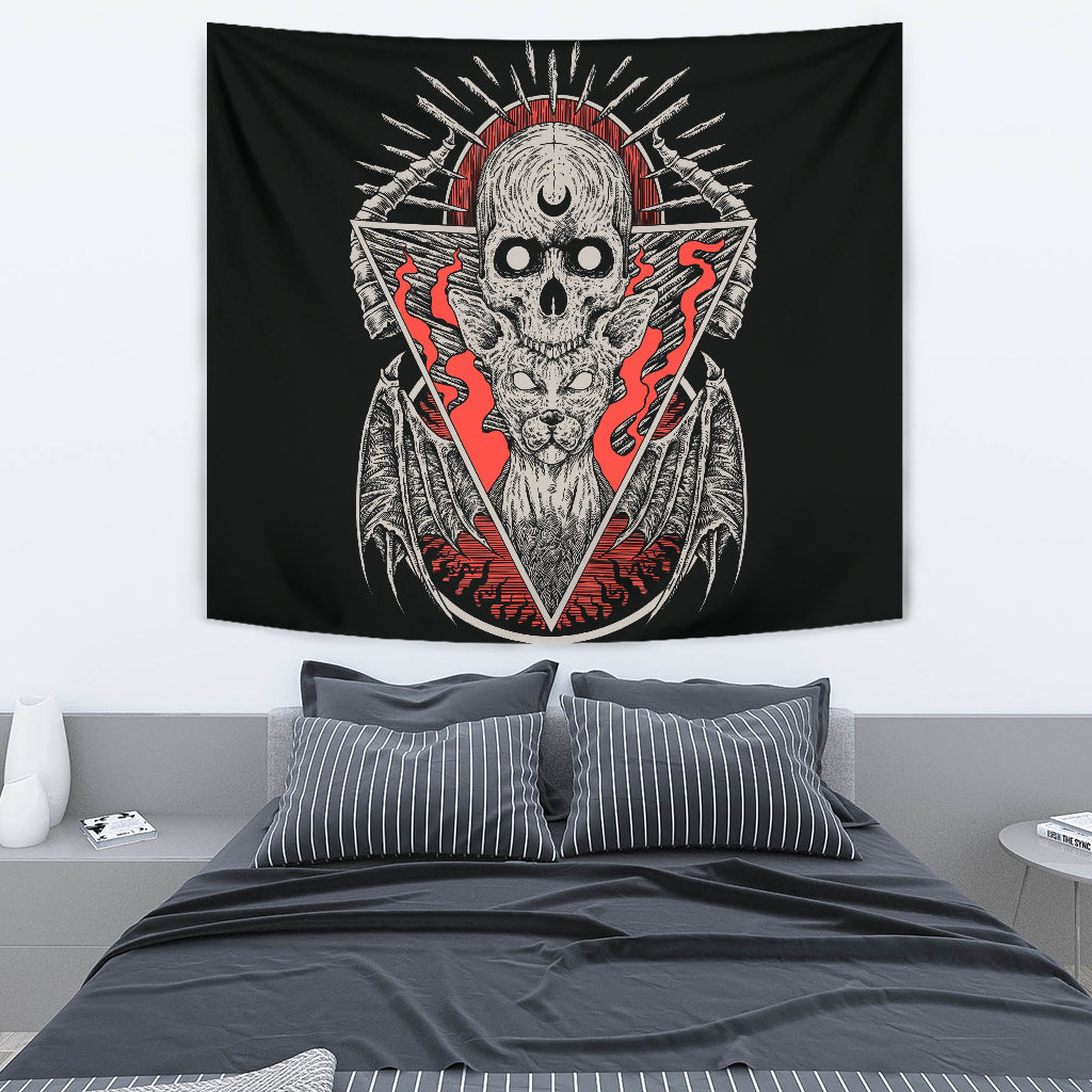 Skull Gothic Cat Bat Wing Large Tapestry Color Version