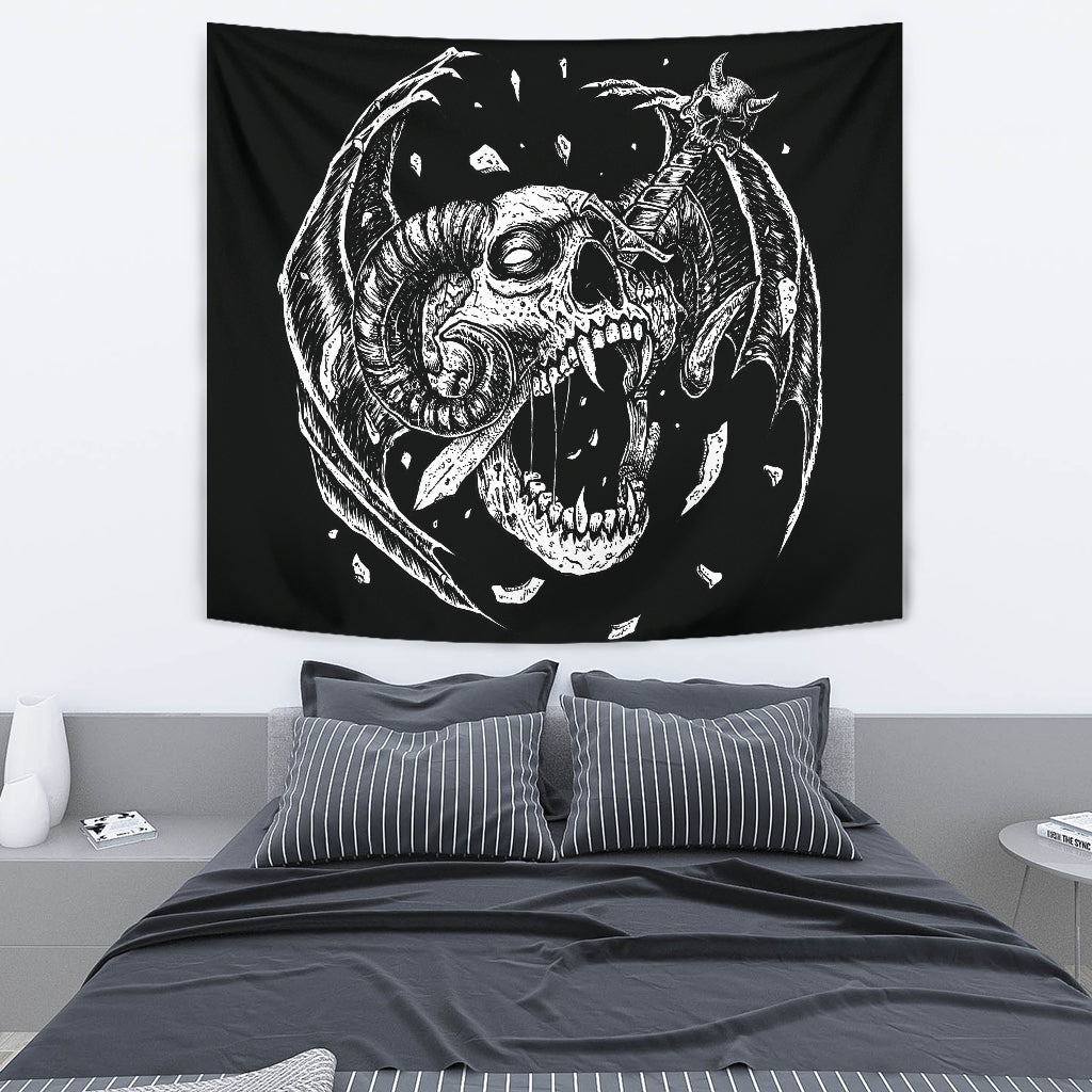 Skull Exploding Demon Dagger Large Wall Tapestry Demon Wing Version