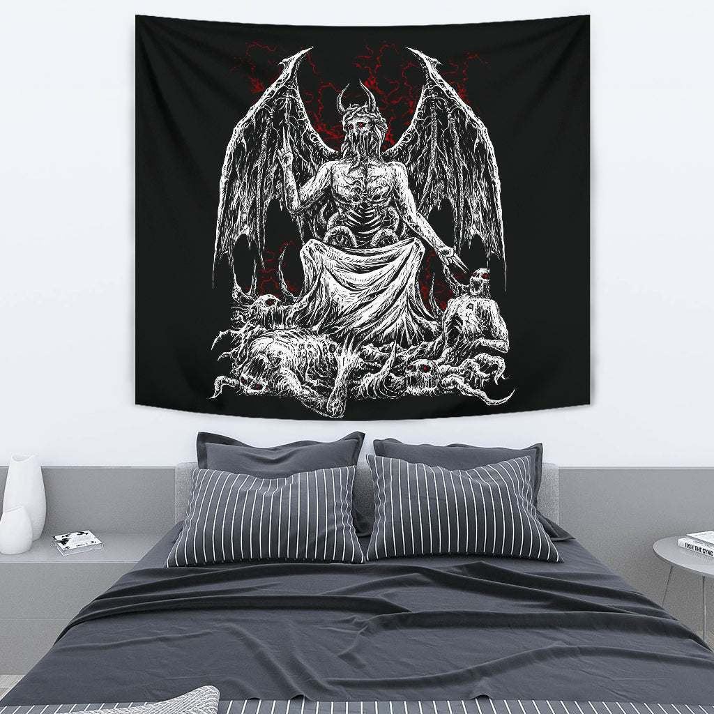 Skull Skeleton Winged Satanic Demon God Large Wall Tapestry Black And White Red