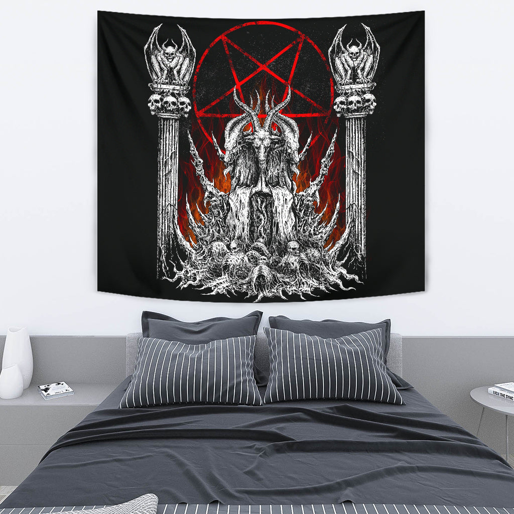 Skull Satanic Goat Satanic Pentagram Flame Large Tapestry