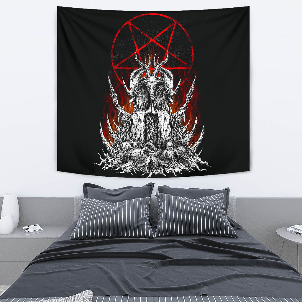 Skull Satanic Goat Satanic Pentagram Flame Large Wall Tapestry