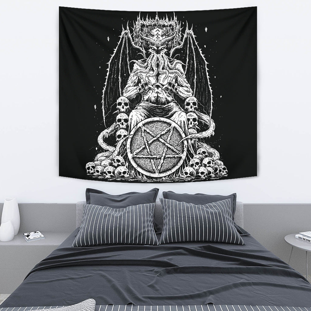 Skull Satanic Pentagram Demon Bat Wing Octopus Skull Throne Large Wall Decoration Tapestry