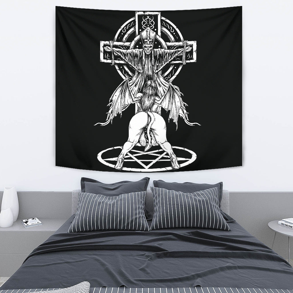 Skull Satanic Pentagram Demon Priest Crucified Large Wall Decoration Tapestry