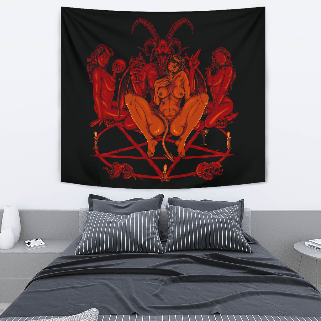 New! Skull Satanic Baphomet Goat Satanic Pentagram Lust God Naughty And Lovin It Cocktail Flesh Party Large Wall Decoration Tapestry Color