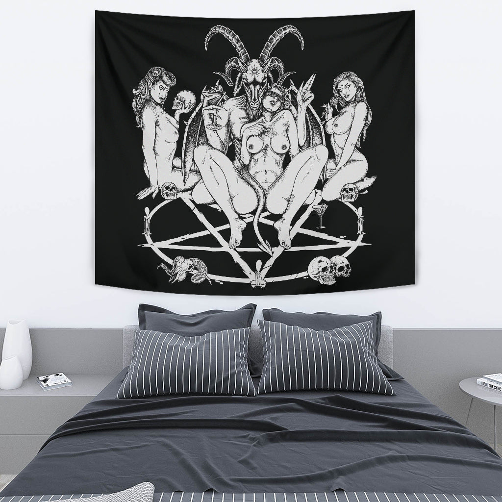 Skull Satanic Baphomet Goat Pentagram Lust God Naughty And Lovin It Cocktail Flesh Party Large Wall Decoration Tapestry Black And White