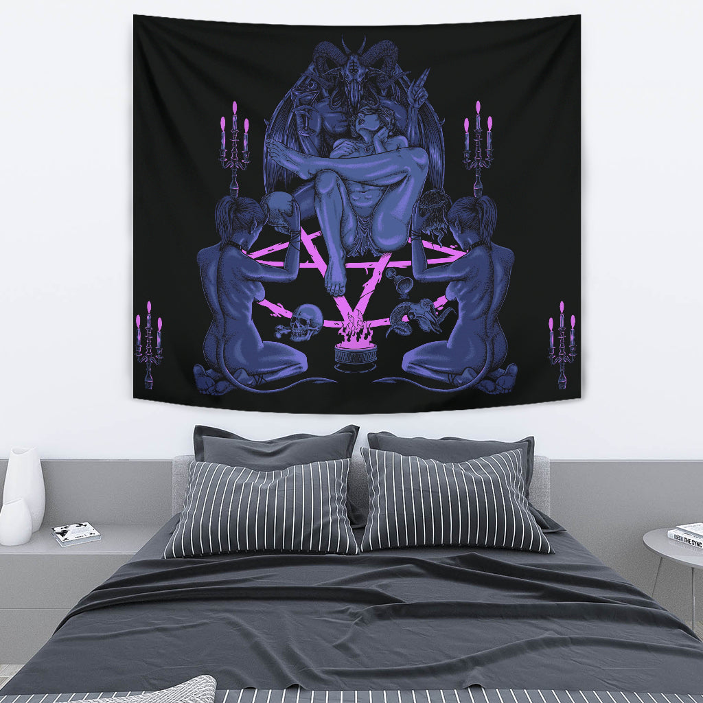 Satanic Pentagram Goat Skull Alcohol Fueled Messiah Head Anatomy Celebration Party Large Wall Decoration Tapestry Blue Pink