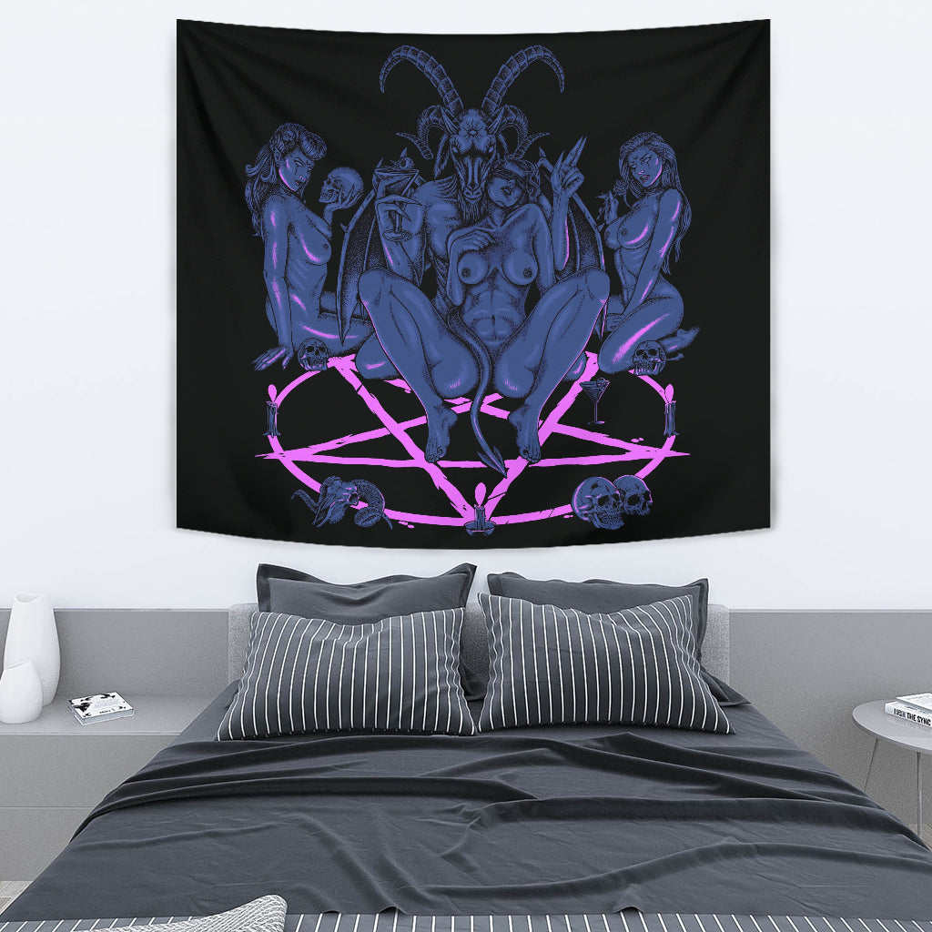 Skull Satanic Baphomet Goat Pentagram Lust God Naughty And Lovin It Cocktail Flesh Party Large Wall Decoration Tapestry Sexy Blue Pink