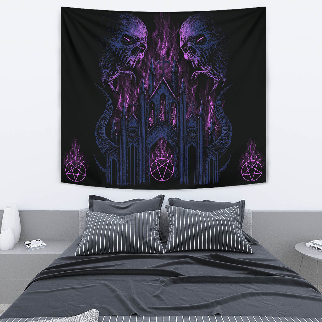 Skull Demon Satanic Pentagram Church Flame Large Wall Decoration Tapestry Night Blue Pink