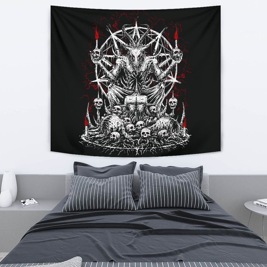 Skull Skeleton Satanic Goat Eternal Impaled Torment Skull Candle Trophy Tapestry Black And White Red
