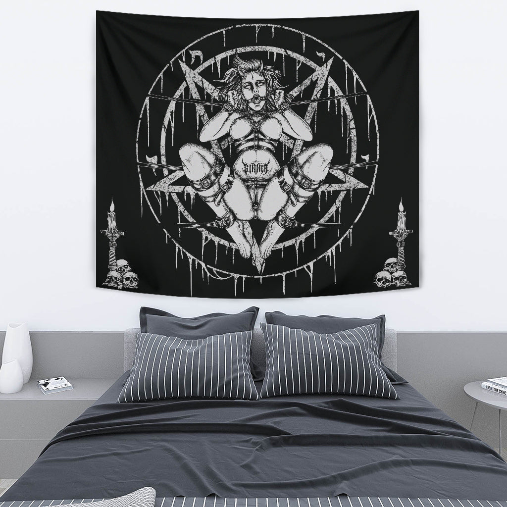 Skull Demon Satanic Baphomet Goat Satanic Pentagram Chained To Sin And Lovin It Large Wall Decoration Tapestry