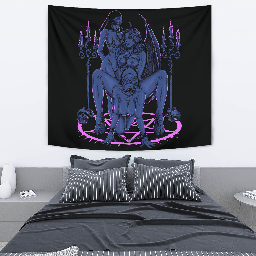 Skull Satanic Pentagram Thorn Candle Satanic Cross Erotic Possession Large Wall Decoration Tapestry Erotic Blue Pink