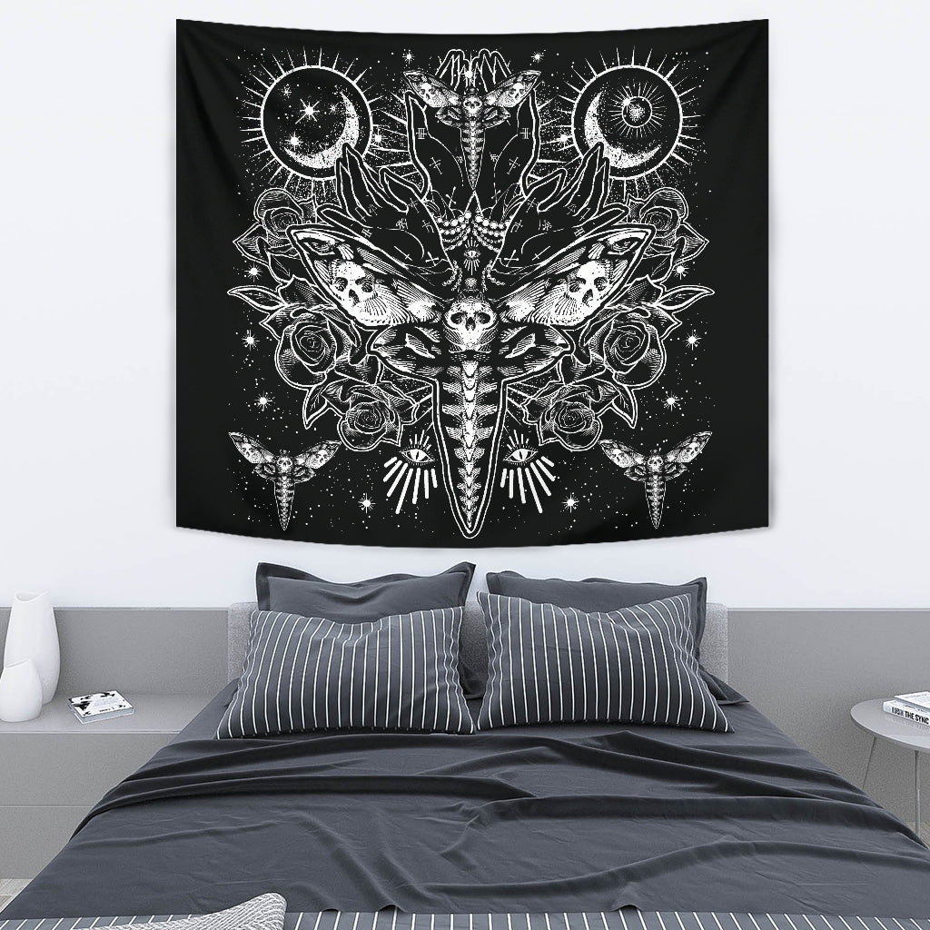 Skull Moth Secret Society Large Wall Decoration Tapestry Black And White