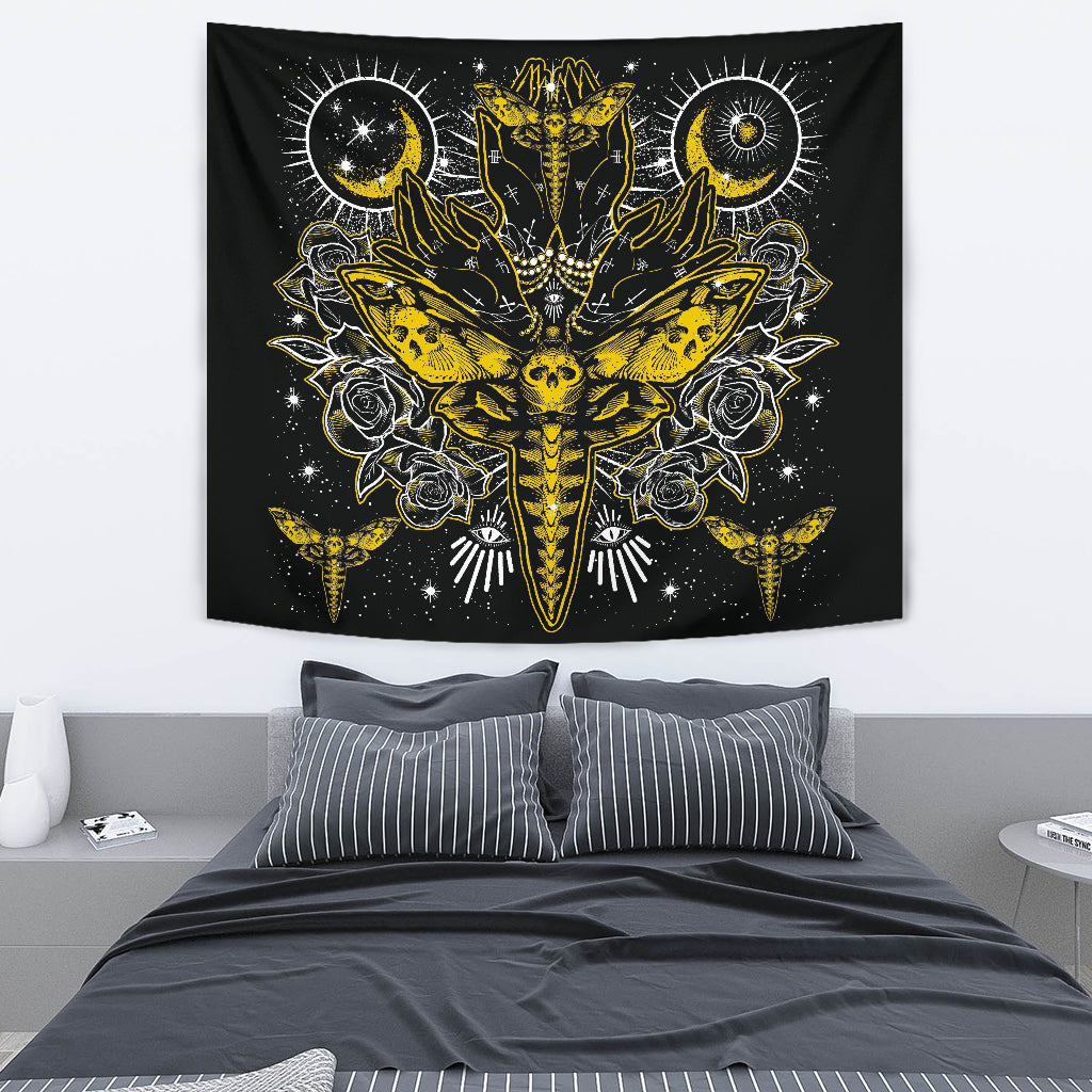 Skull Moth Secret Society Occult Style Large Wall Decoration Tapestry Black And White Yellow