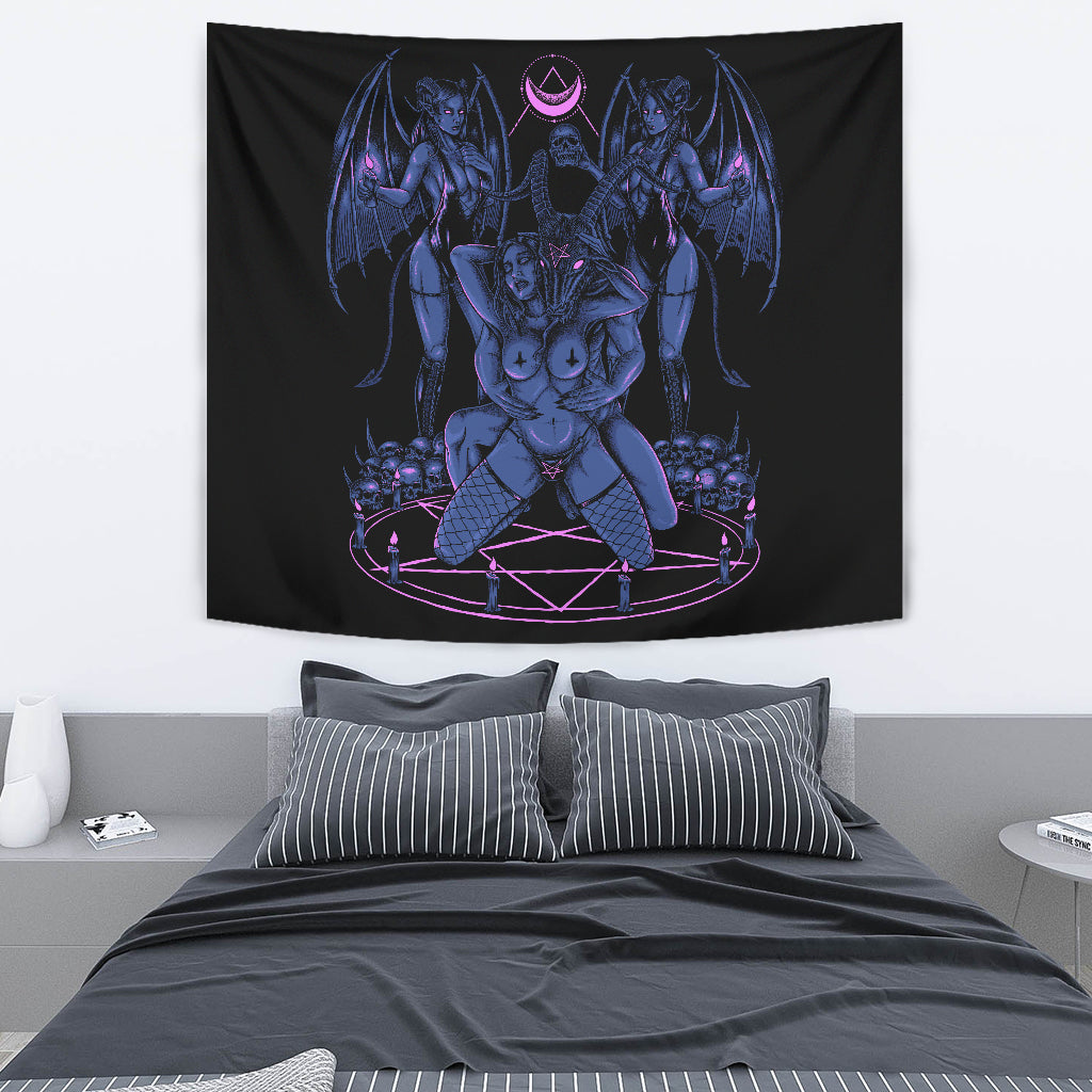 Skull Baphomet Erotic Revel In Freedom And Realize It Throne Large Wall Decoration Tapestry Sexy Blue Pink