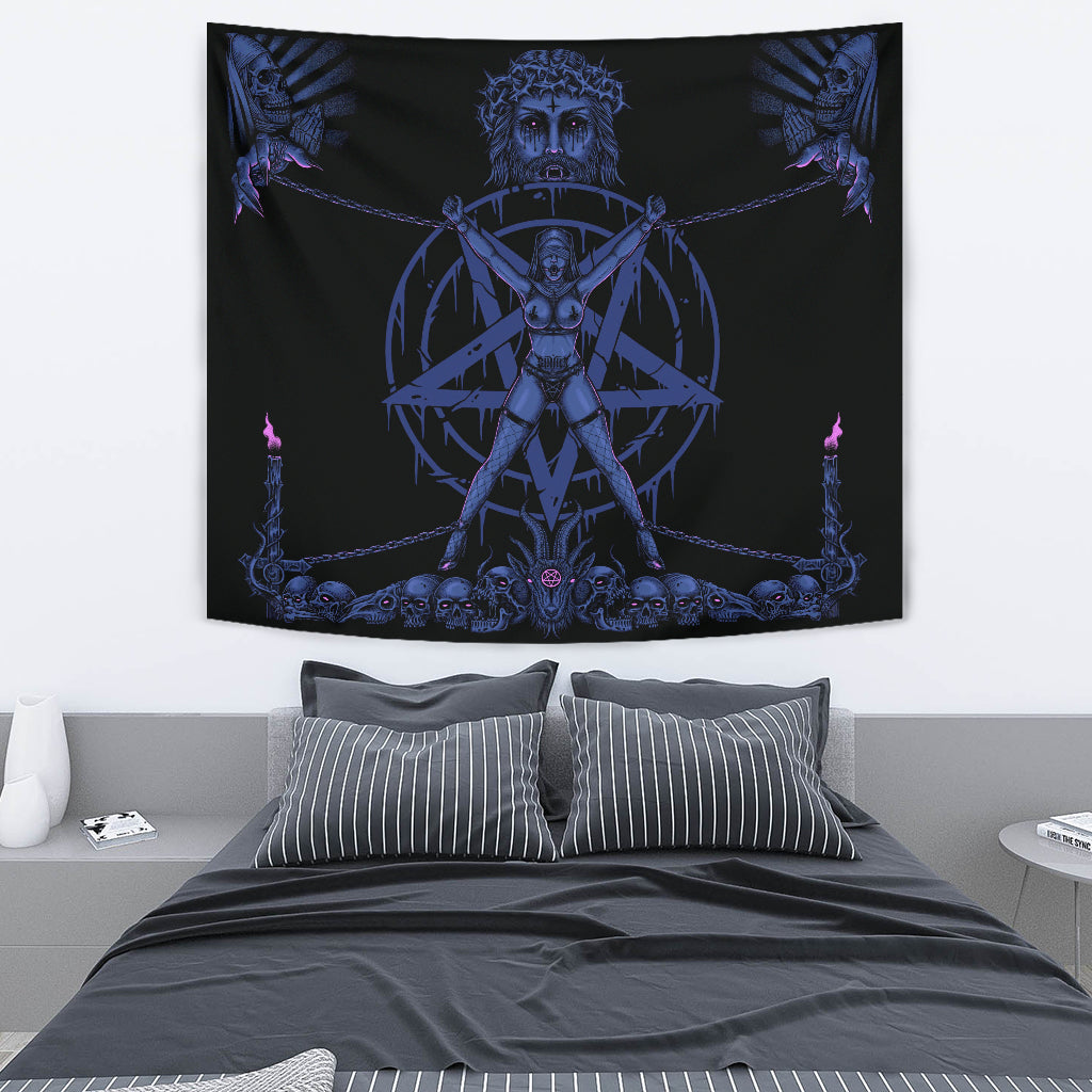 Skull Satanic Pentagram Demon Chained To Sin And Lovin It Part 2 - Large Wall Decoration Tapestry Erotic Blue Pink
