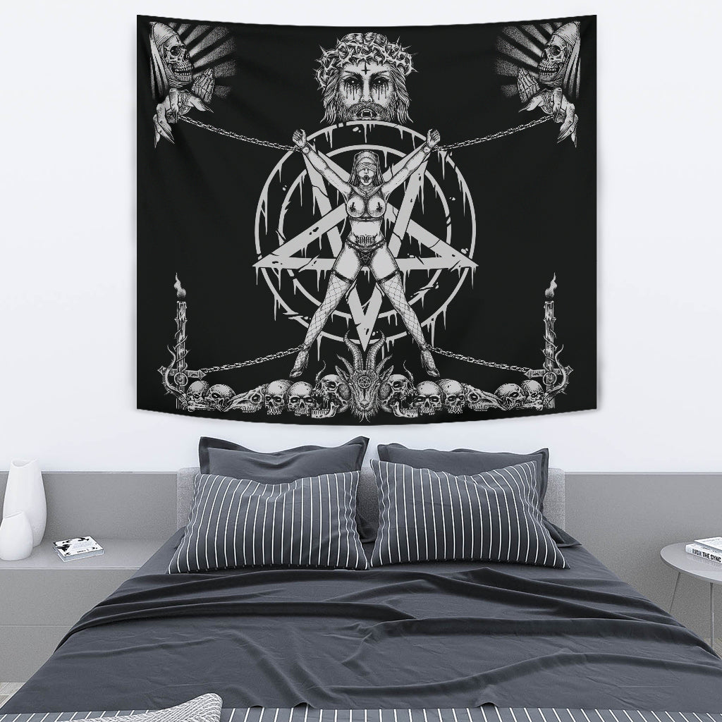 Skull Satanic Pentagram Demon Chained To Sin And Lovin It Part 2 -Large Wall Decoration Tapestry Black And White