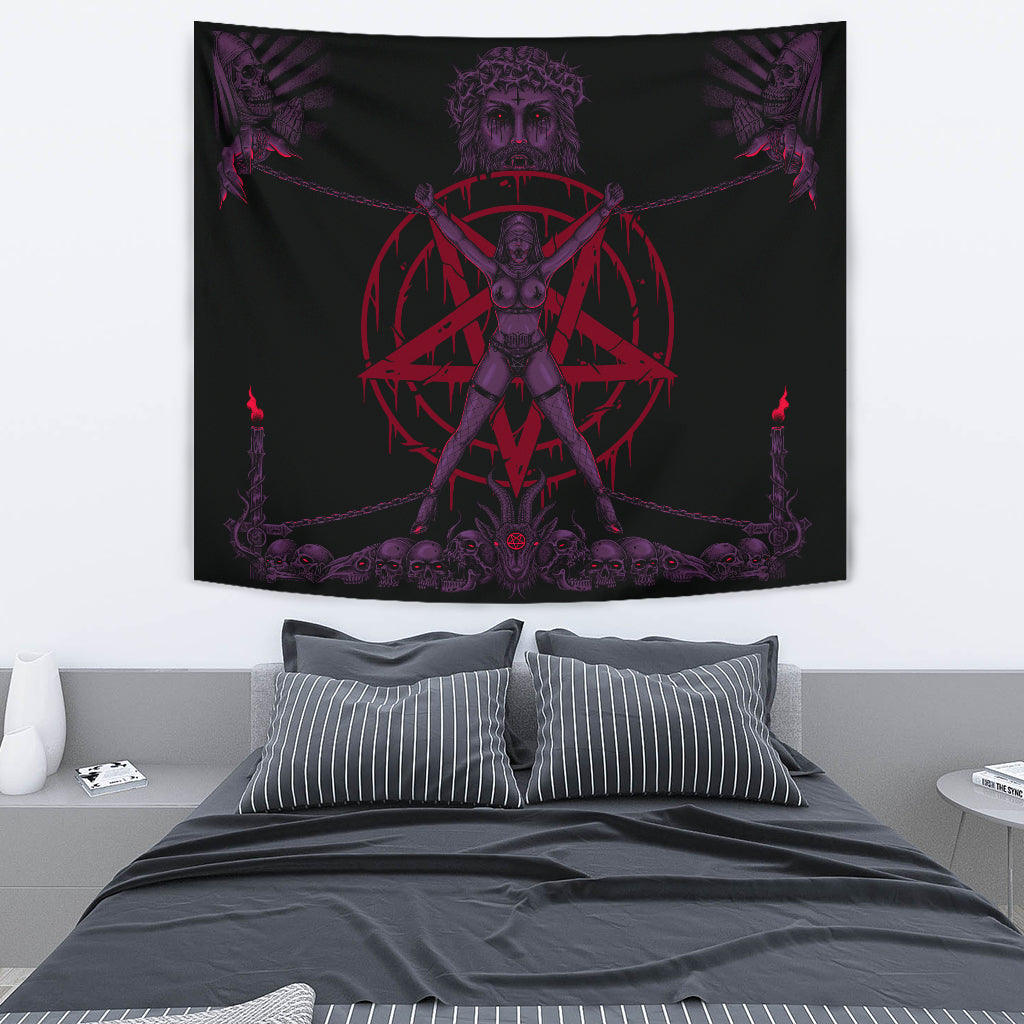 Skull Satanic Pentagram Demon Chained To Sin And Lovin It Part 2 -Large Wall Decoration Tapestry Awesome Glowing Purple