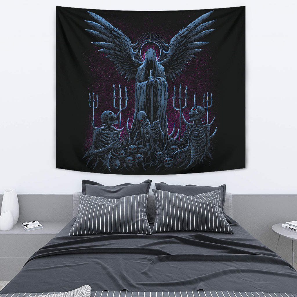 Skull Skeleton Gothic Hooded Wing Demon Sword Large Wall Decoration Tapestry Awesome Night Blue Pink