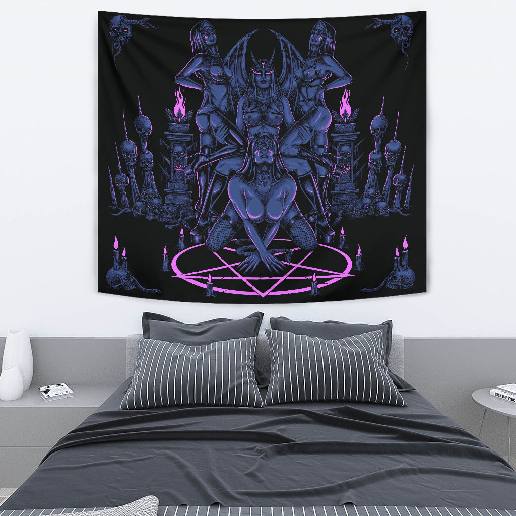 Skull Satanic Pentagram Serpent Impaled Erotic Demon Foursome Large Wall Decoration Tapestry Sexy Blue Pink