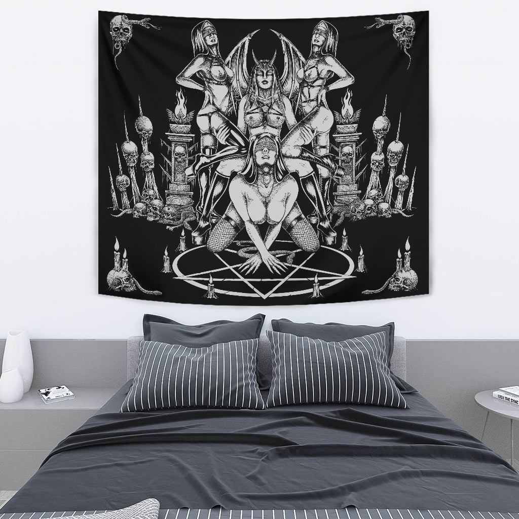 Skull Satanic Pentagram Serpent Impaled Erotic Demon Foursome Large Wall Decoration Tapestry
