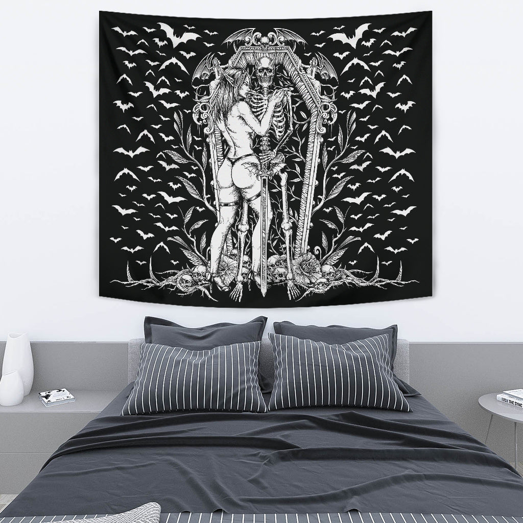 Bat Skull Bat Wing Erotic Demonic Skeleton Coffin Shrine Large Wall Decoration Tapestry Black And White