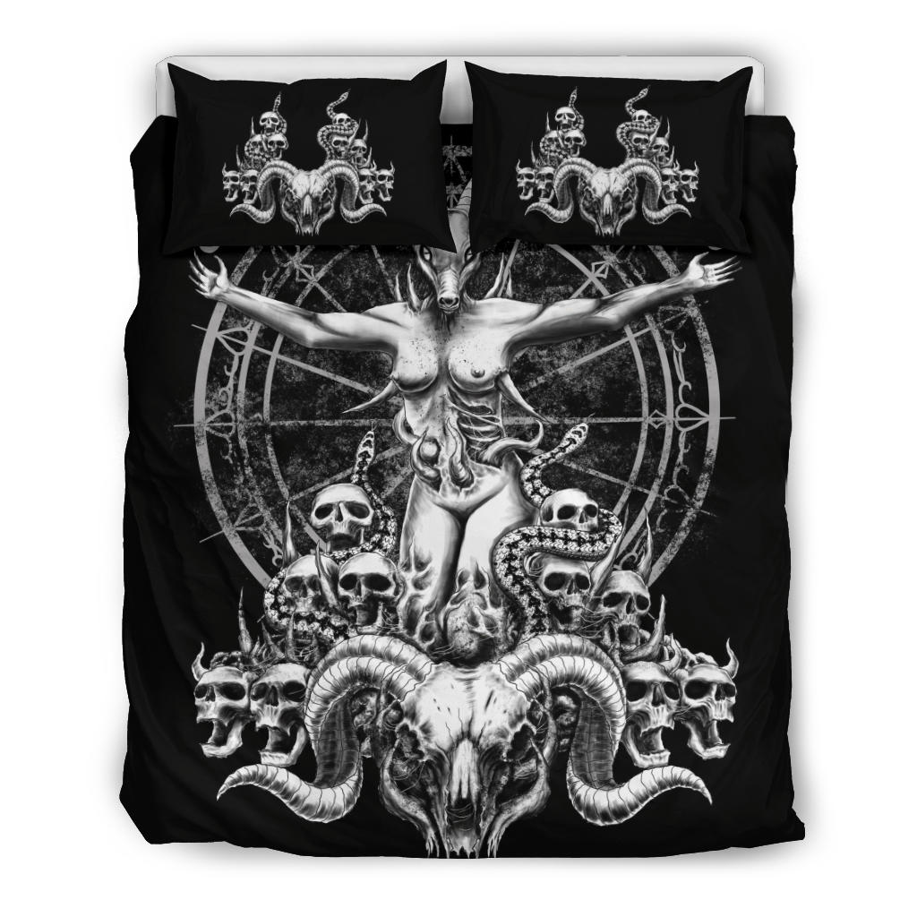 Satanic Skull Demon Goat Woman With Serpents Black And White Version 3 Piece Duvet Set
