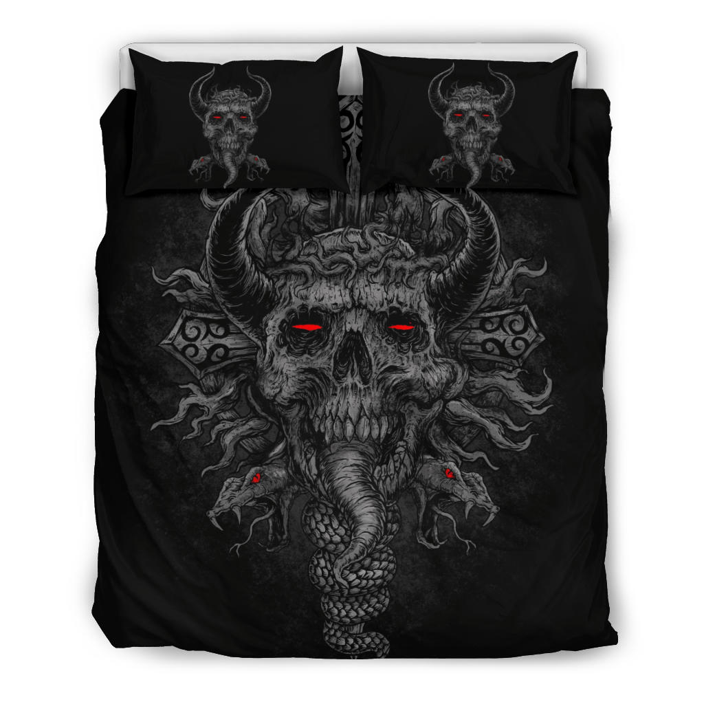 Skull Crowned Demon With Demon Serpents Awesome Grey Red Eye Version 3 Piece Duvet Set
