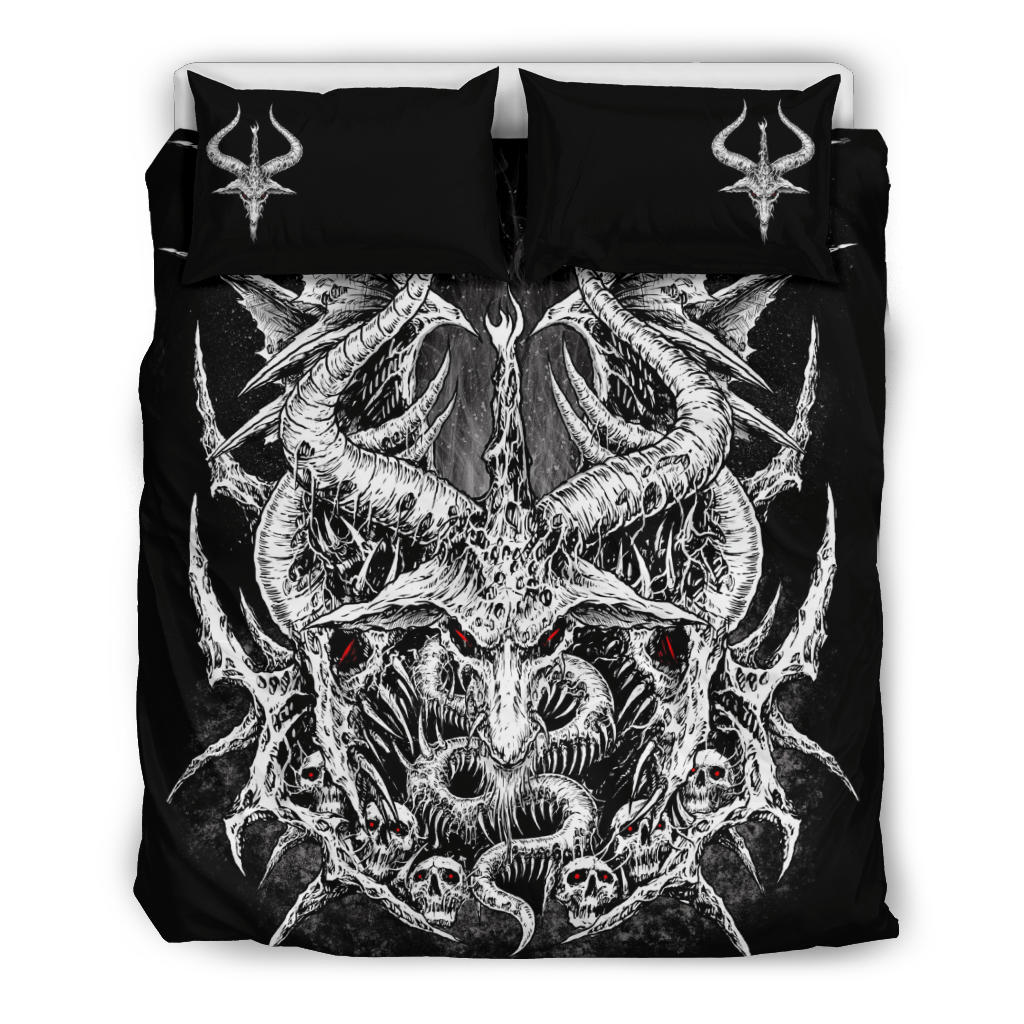 Skull Satanic Goat Wing 3 Piece Duvet Set Black And White Red Eye Version