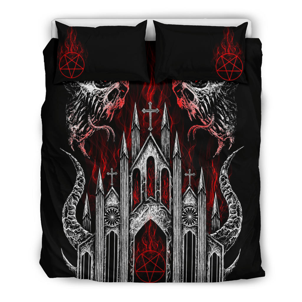 Skull Demon Satanic Pentagram Church 3 Piece Duvet Set Black And White Red Flame Version