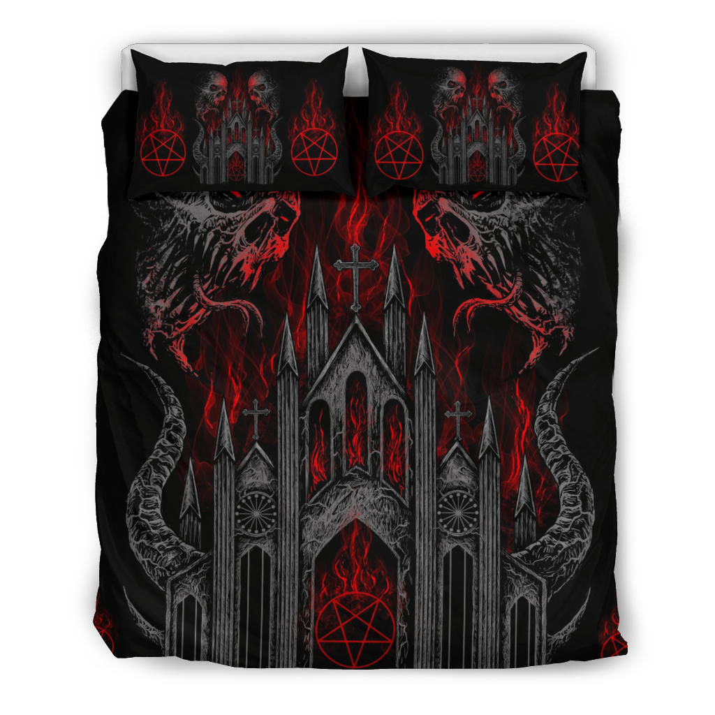 Skull Demon Satanic Pentagram Flame Church 3 Piece Duvet Set Dark Color Version