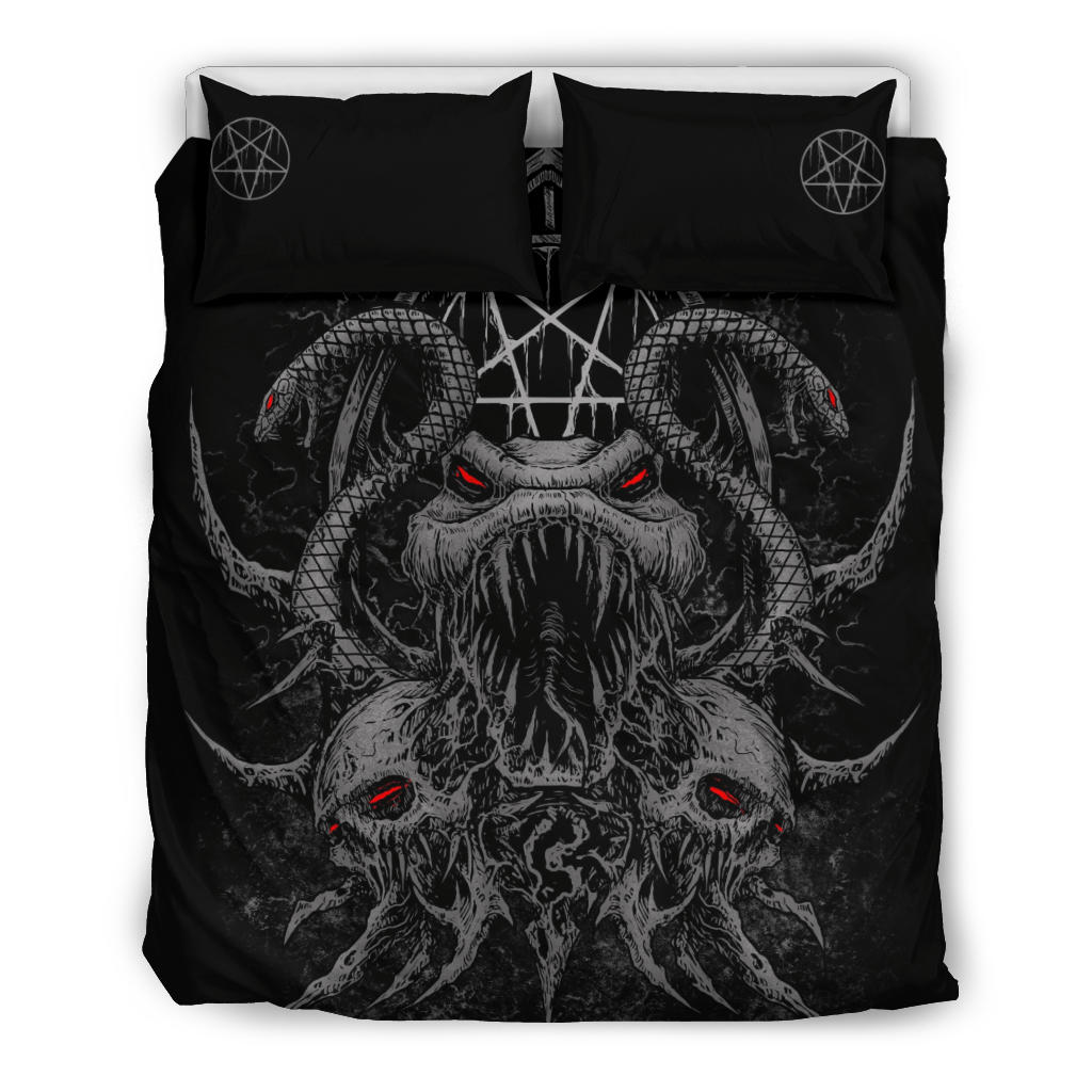 Skull Demon Serpent Satanic Pentagram 3 Piece Duvet Set Killer Grey Red Eye