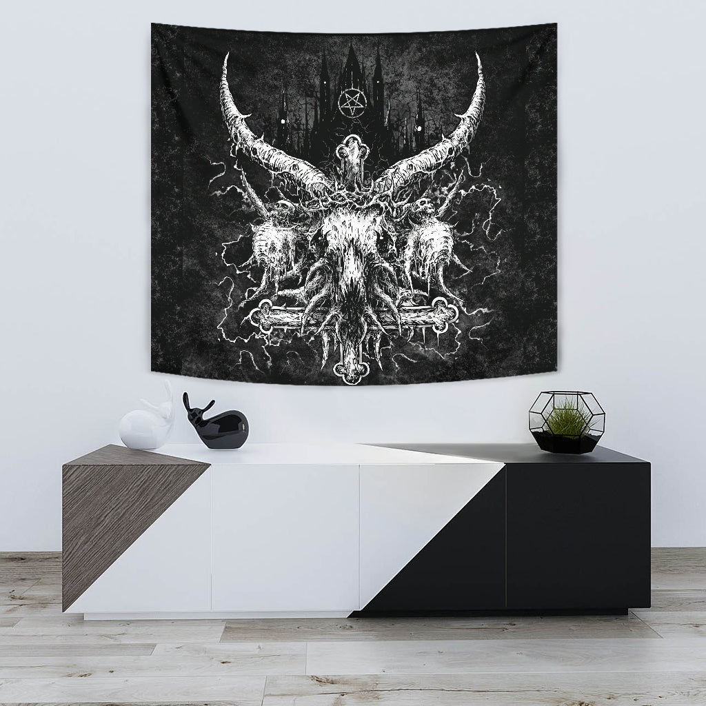 Skull Satanic Cross Crowned Goat Satanic Pentagram Church Large Wall Tapestry Black And White Version