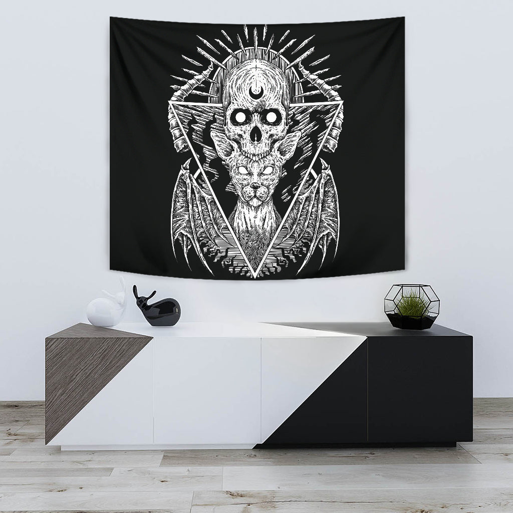 Skull Gothic Bat Wing Cat Large Wall Tapestry Black And White Original Version