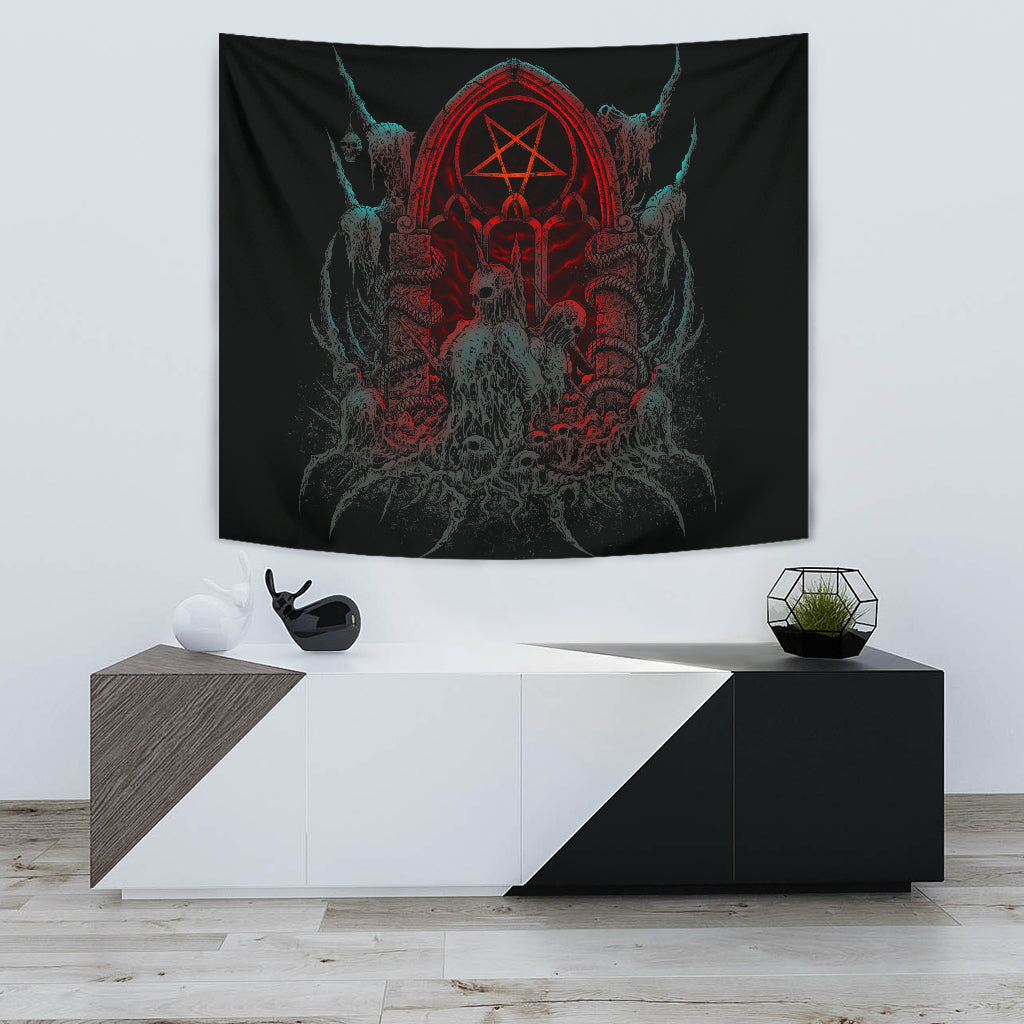 Skull Skeleton Satanic Pentagram Shrine Large Wall Tapestry Color Version