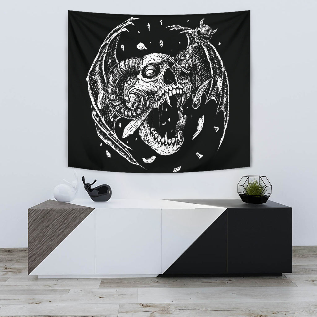 Skull Exploding Demon Dagger Large Wall Tapestry Demon Wing Version