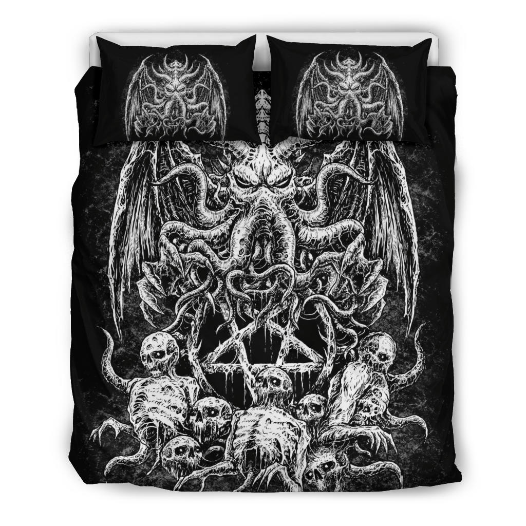 Skull Skeleton Demon Octopus Satanic Pentagram 3 Piece Duvet Set Black And White Version