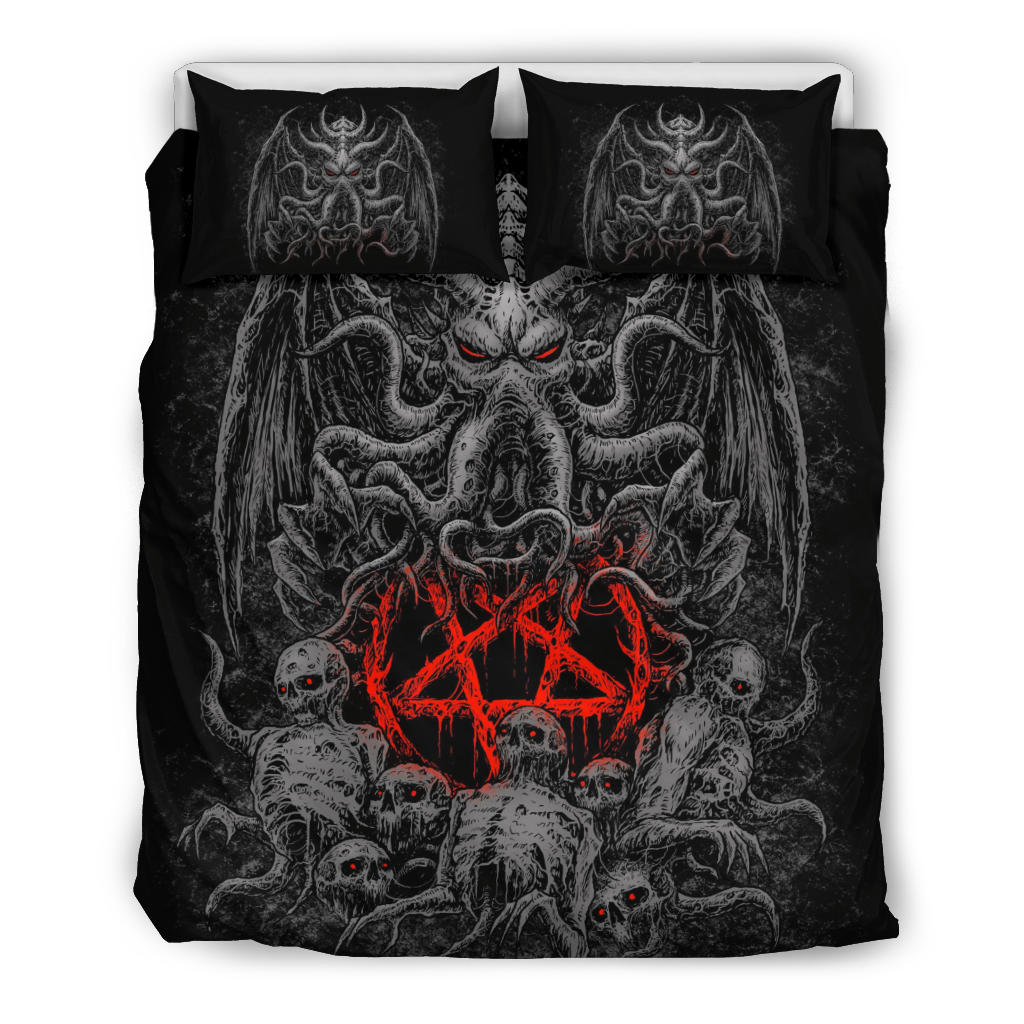 Skull Skeleton Demon Octopus Satanic Pentagram 3 Piece Duvet Set Dark Style Red Pentagram