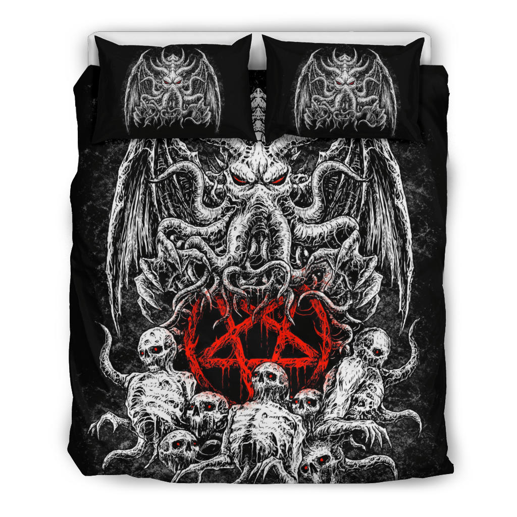 Skull Skeleton Demon Octopus Satanic Pentagram 3 Piece Duvet Set Black And White Red