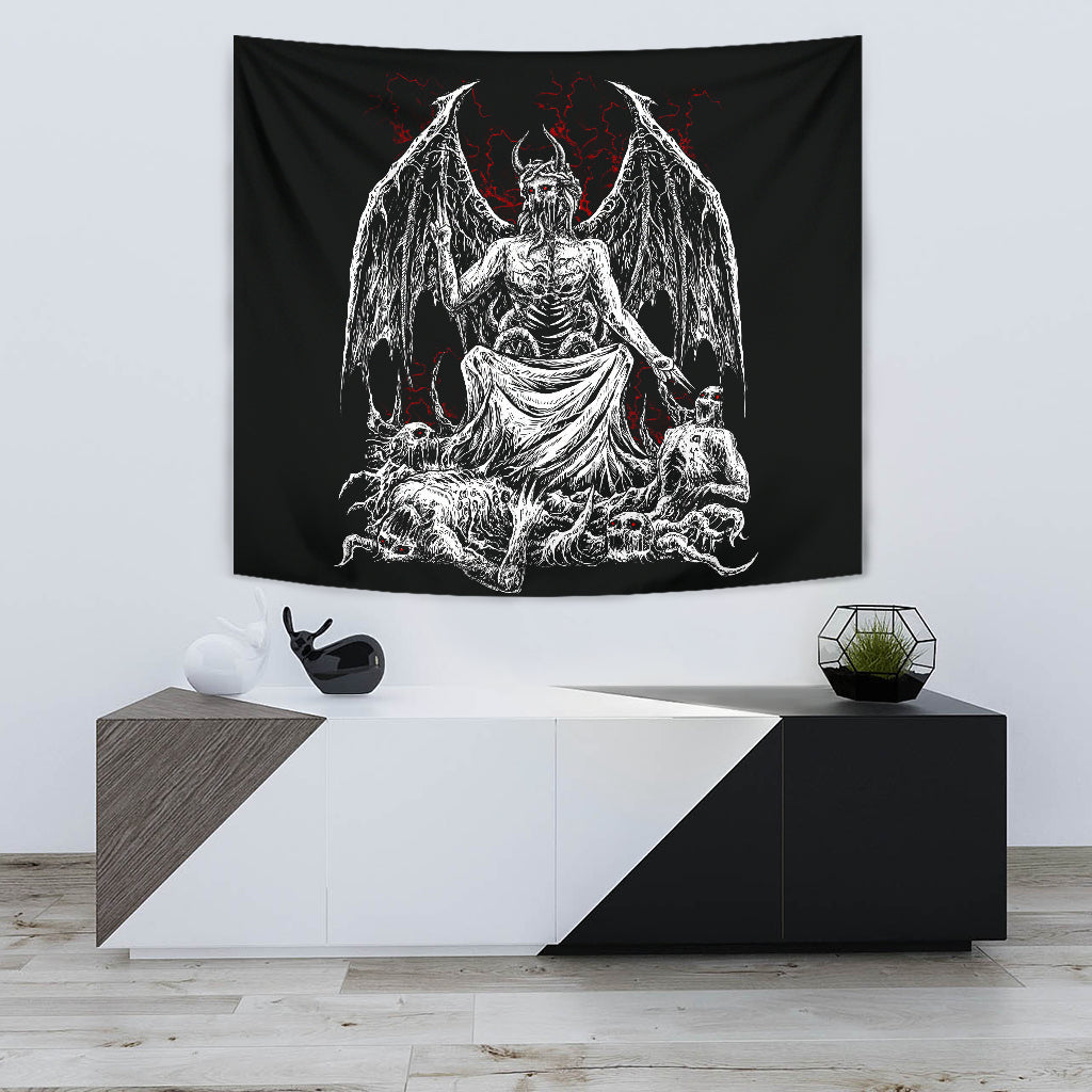 Skull Skeleton Winged Satanic Demon God Large Wall Tapestry Black And White Red