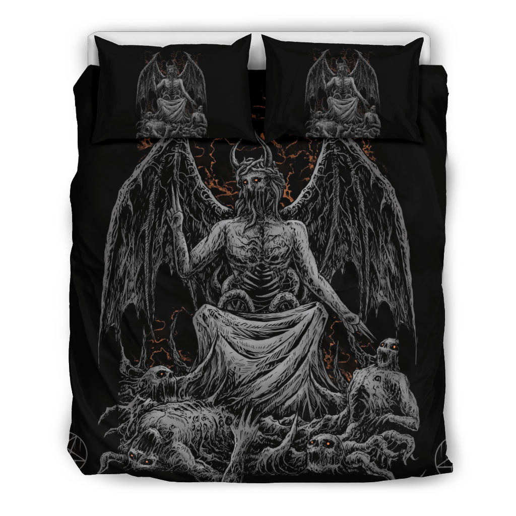 Skull Skeleton Winged Demon God Satanic Pentagram 3 Piece Duvet Set Dark Version