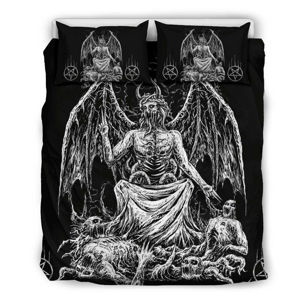 Skull Skeleton Satanic Demon God Satanic Pentagram 3 Piece Duvet Set Black And White