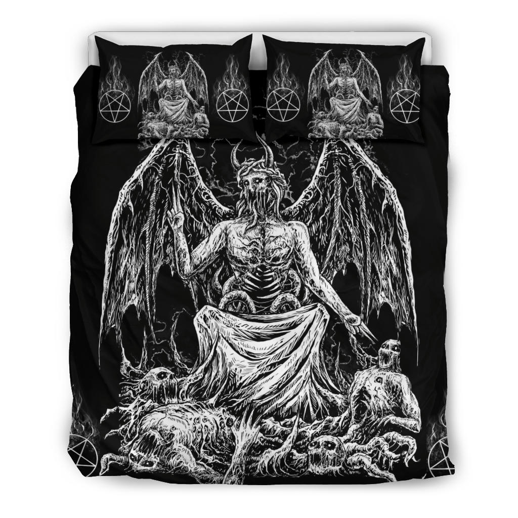 Skull Skeleton Satanic Pentagram Flame Satanic Demon Bat Wing God 3 Piece Duvet Set Black And White