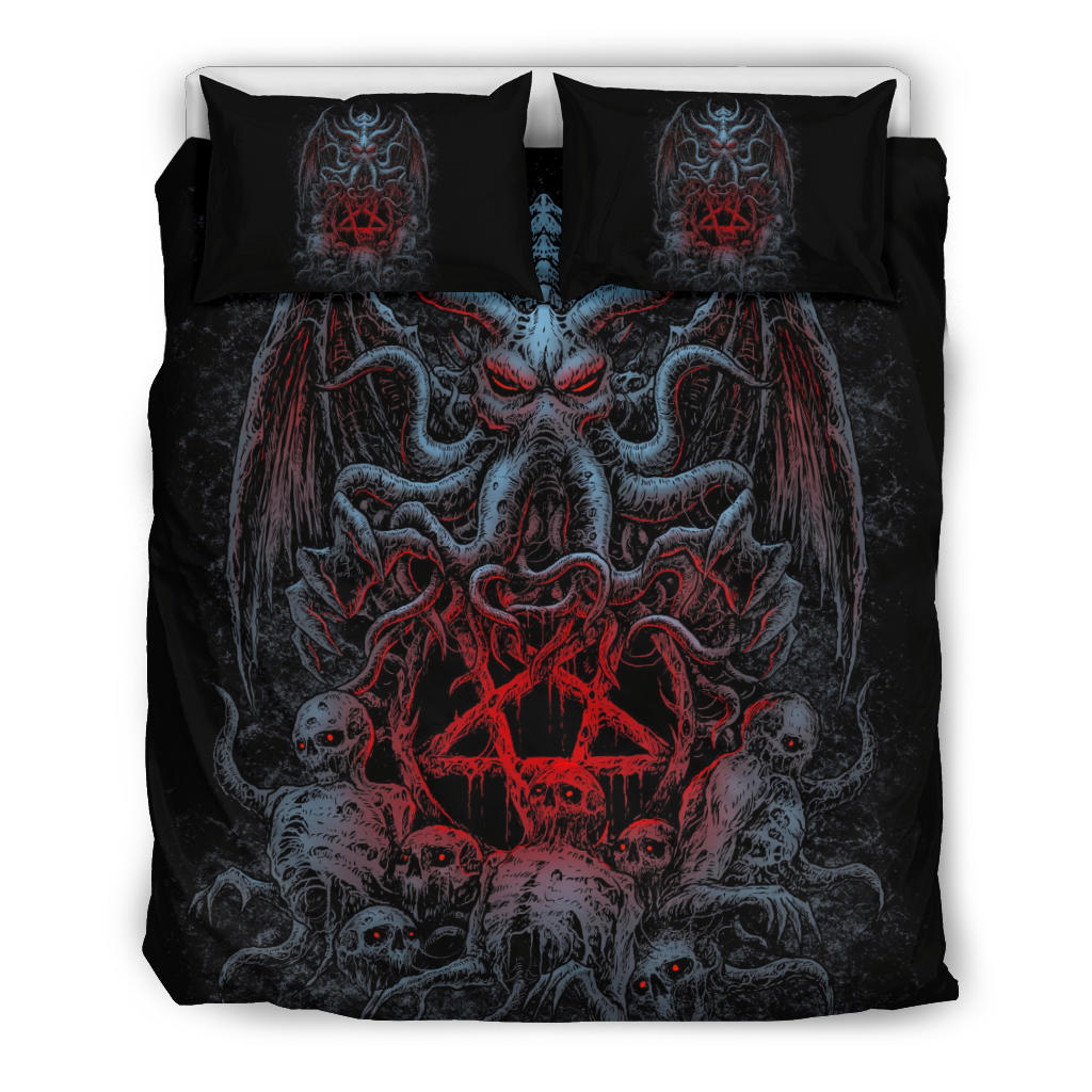 Skull Skeleton Demon Octopus Satanic Pentagram 3 Piece Duvet Set Color Red Pentagram Version