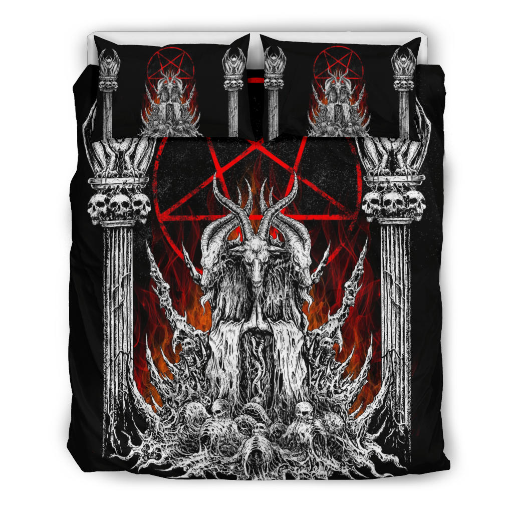 Skull Satanic Goat Satanic Pentagram Flame 3 Piece Duvet Set Goat Flame Pillow Version