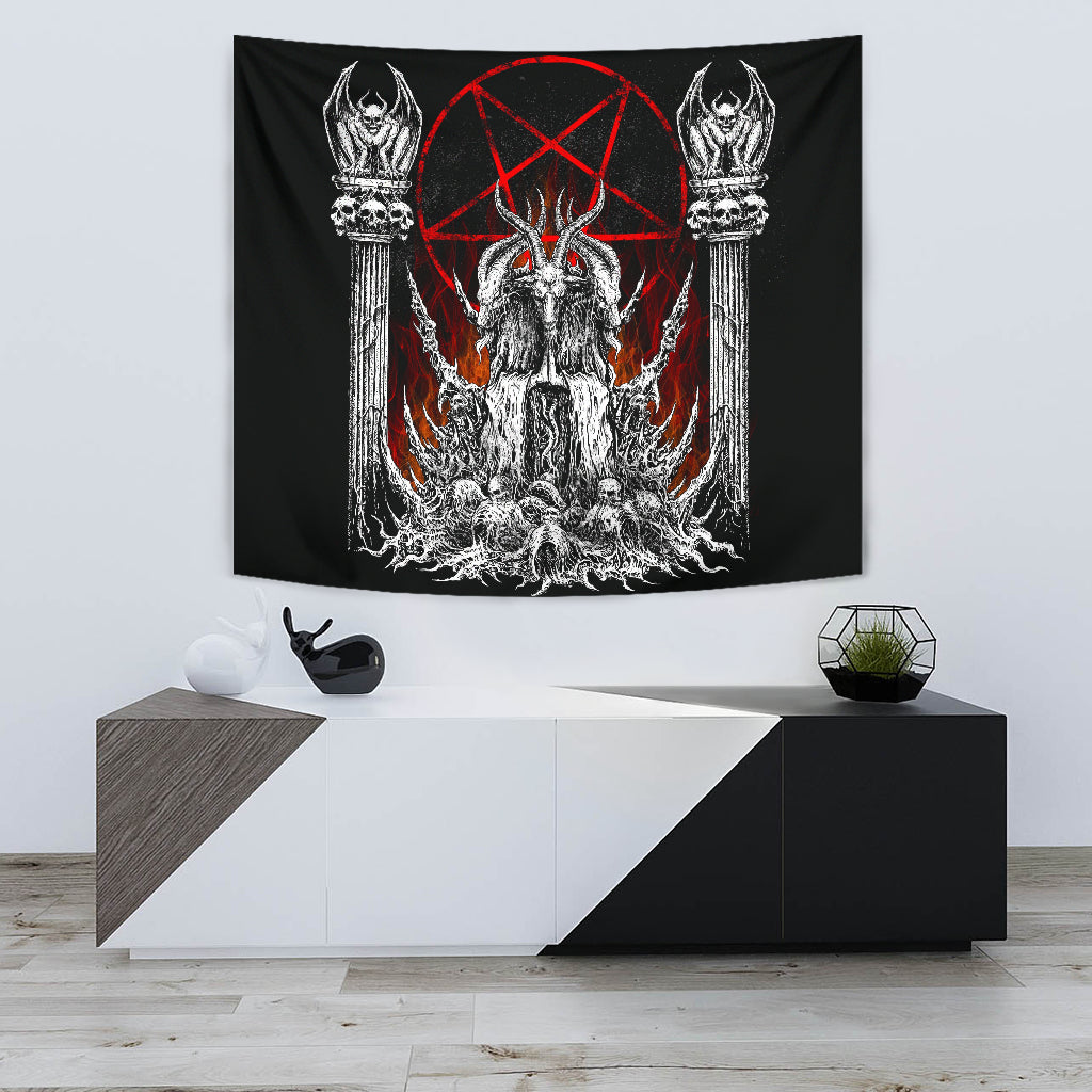 Skull Satanic Goat Satanic Pentagram Flame Large Tapestry