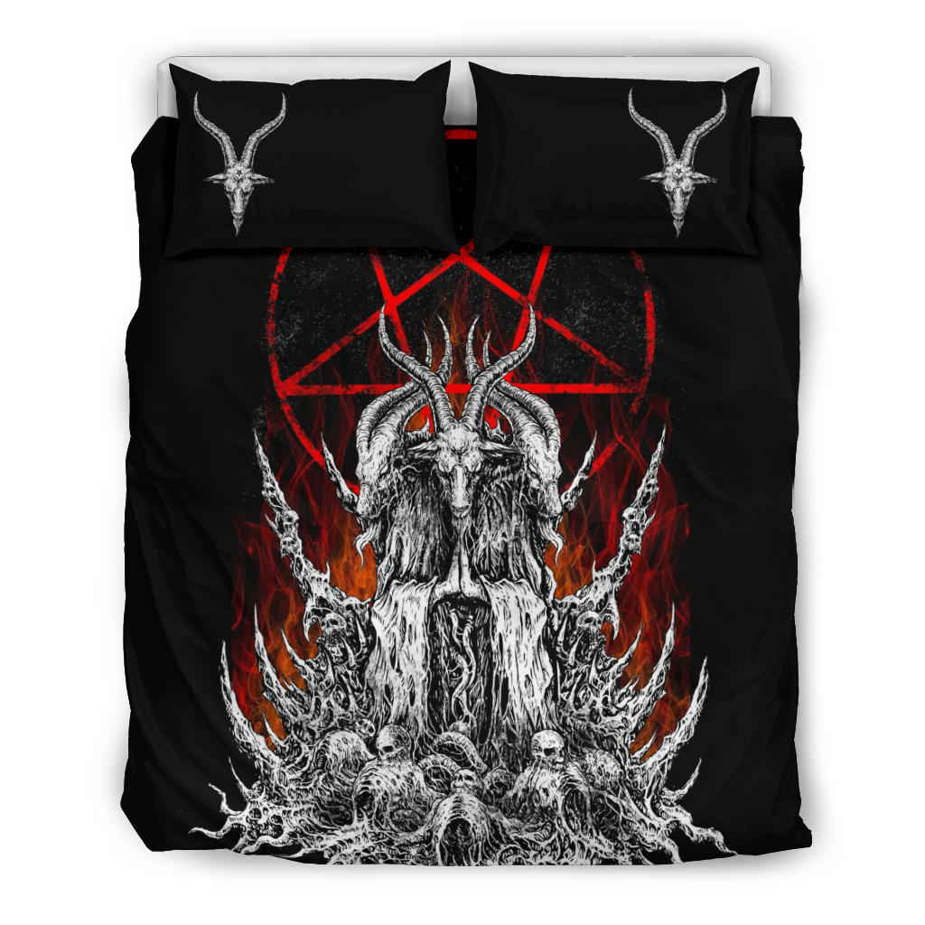 Skull Skeleton Satanic Goat Satanic Pentagram Flame 3 Piece Duvet Set With Large Pentagram Goat Head Pillow Covers