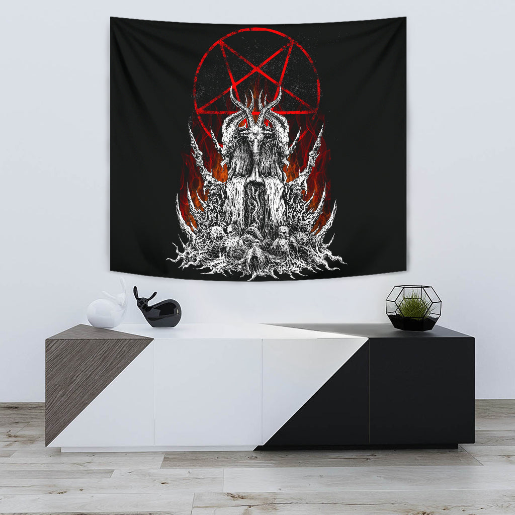 Skull Satanic Goat Satanic Pentagram Flame Large Wall Tapestry