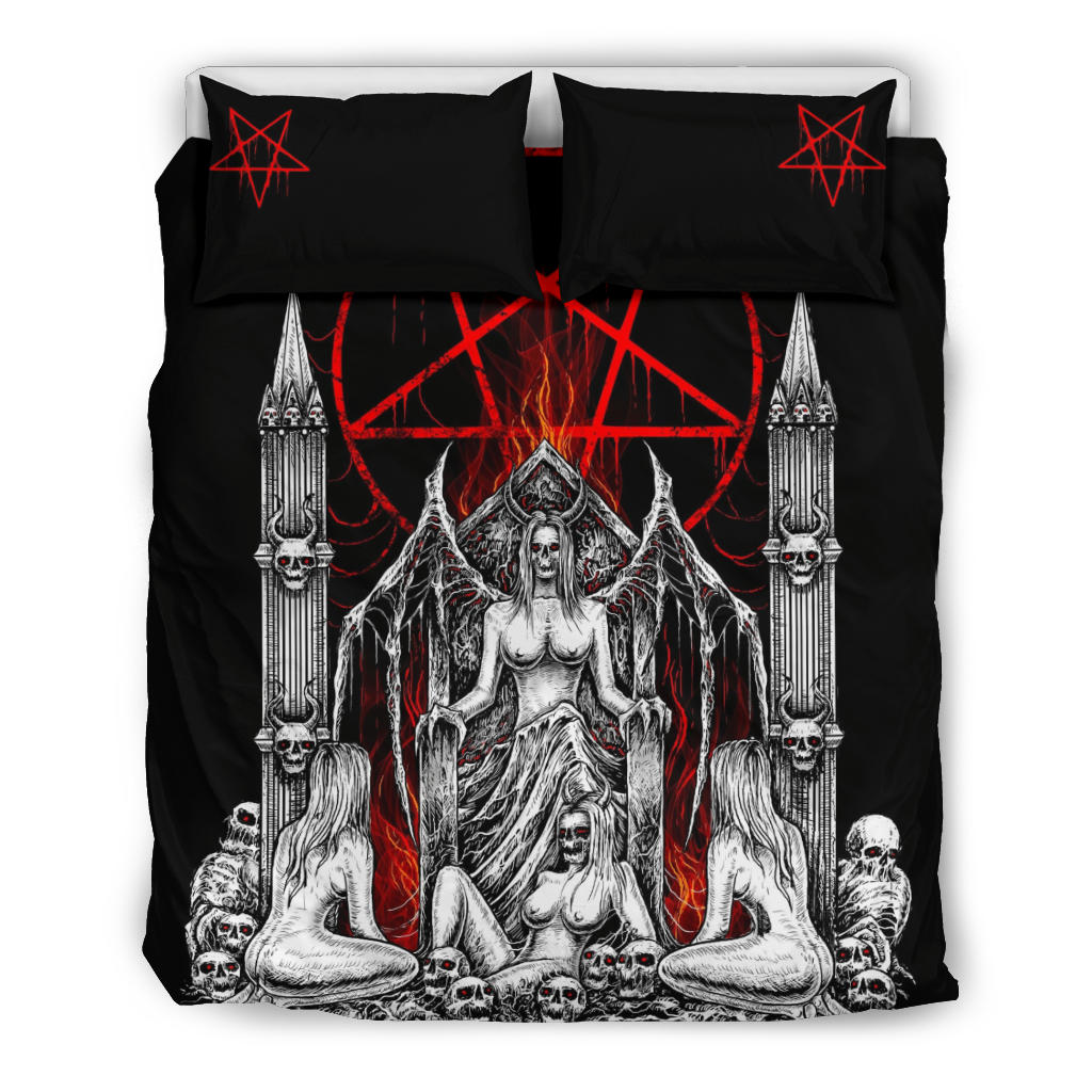 Skull Satanic Pentagram Demon Lust Throne 3 Piece Duvet Set Black And White Red