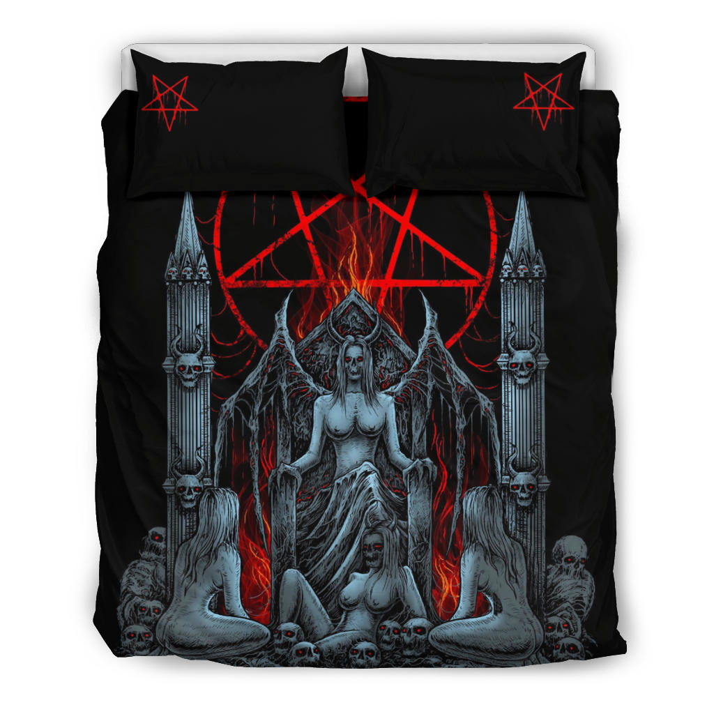 Skull Satanic Pentagram Flame Lust Throne 3 Piece Duvet Set Color Version