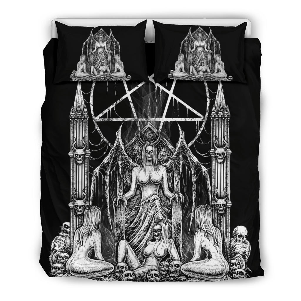 Skull Satanic Pentagram Lust Throne 3 Piece Duvet Set Black And White Throne Pillow Version